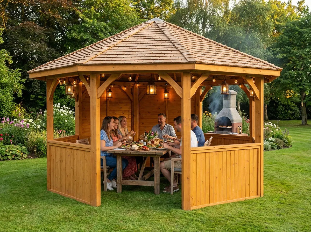 Wooden garden gazebo for outdoor dining and entertaining UK