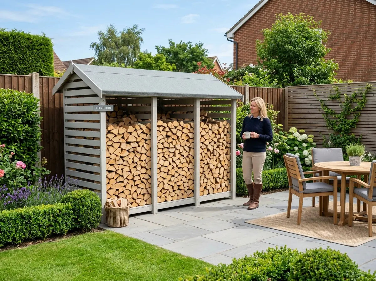 Wooden log store for dry firewood storage in UK garden