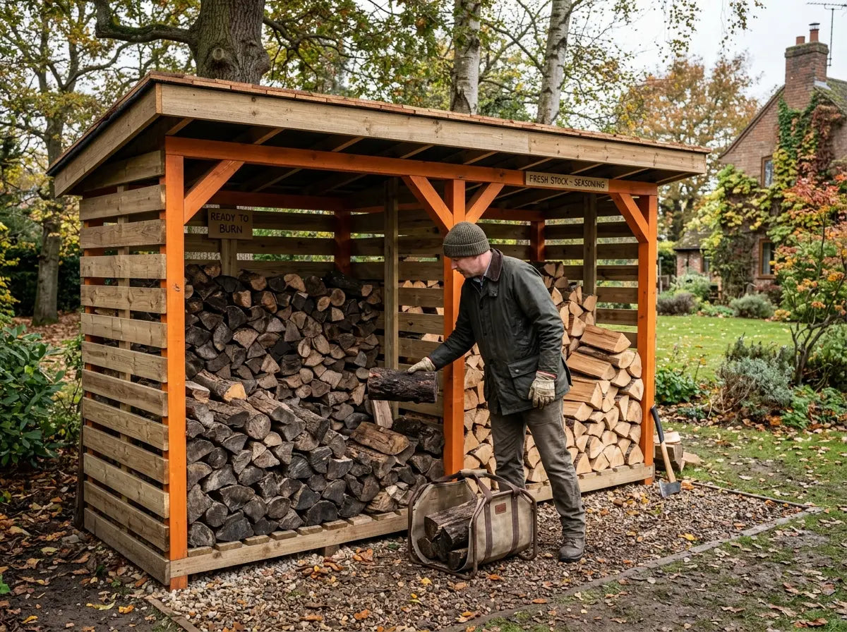 Large timber woodshed with covered roof for seasoned firewood UK