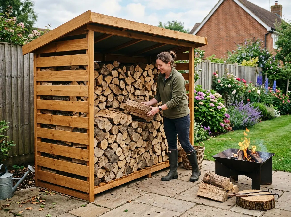 Modern wooden log store for dry firewood storage UK garden