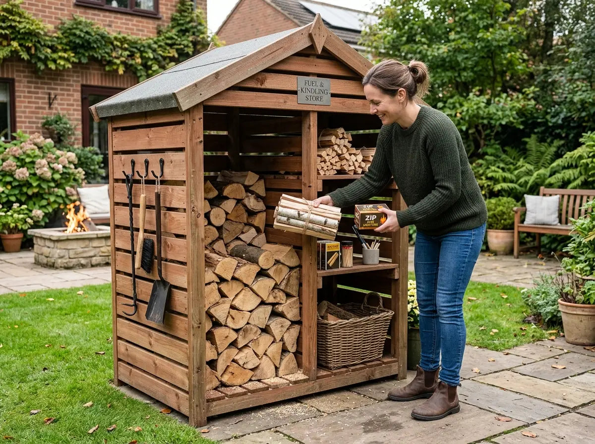 Compact wooden fuel and kindling store for outdoor firewood UK