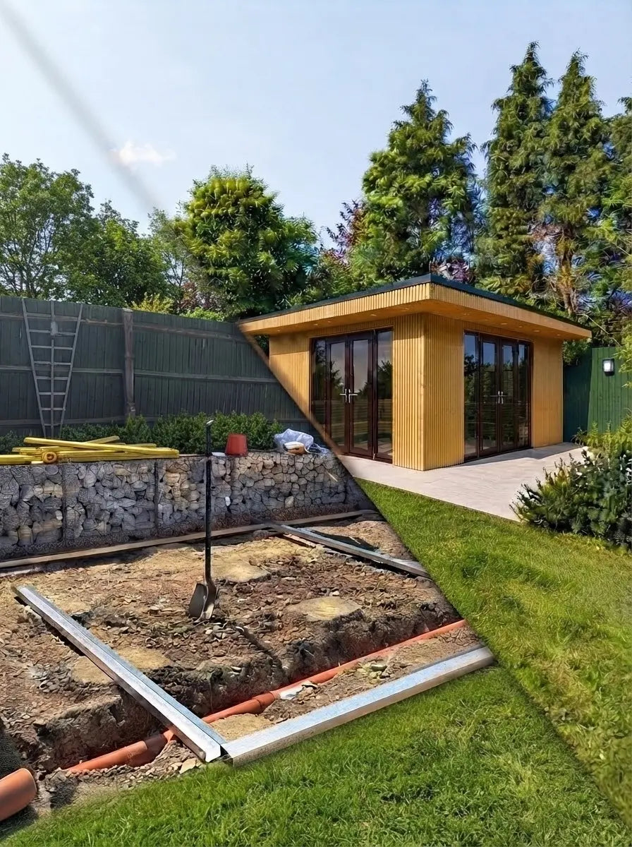 Before and after of Woodera’s first garden sauna build in Milton Keynes